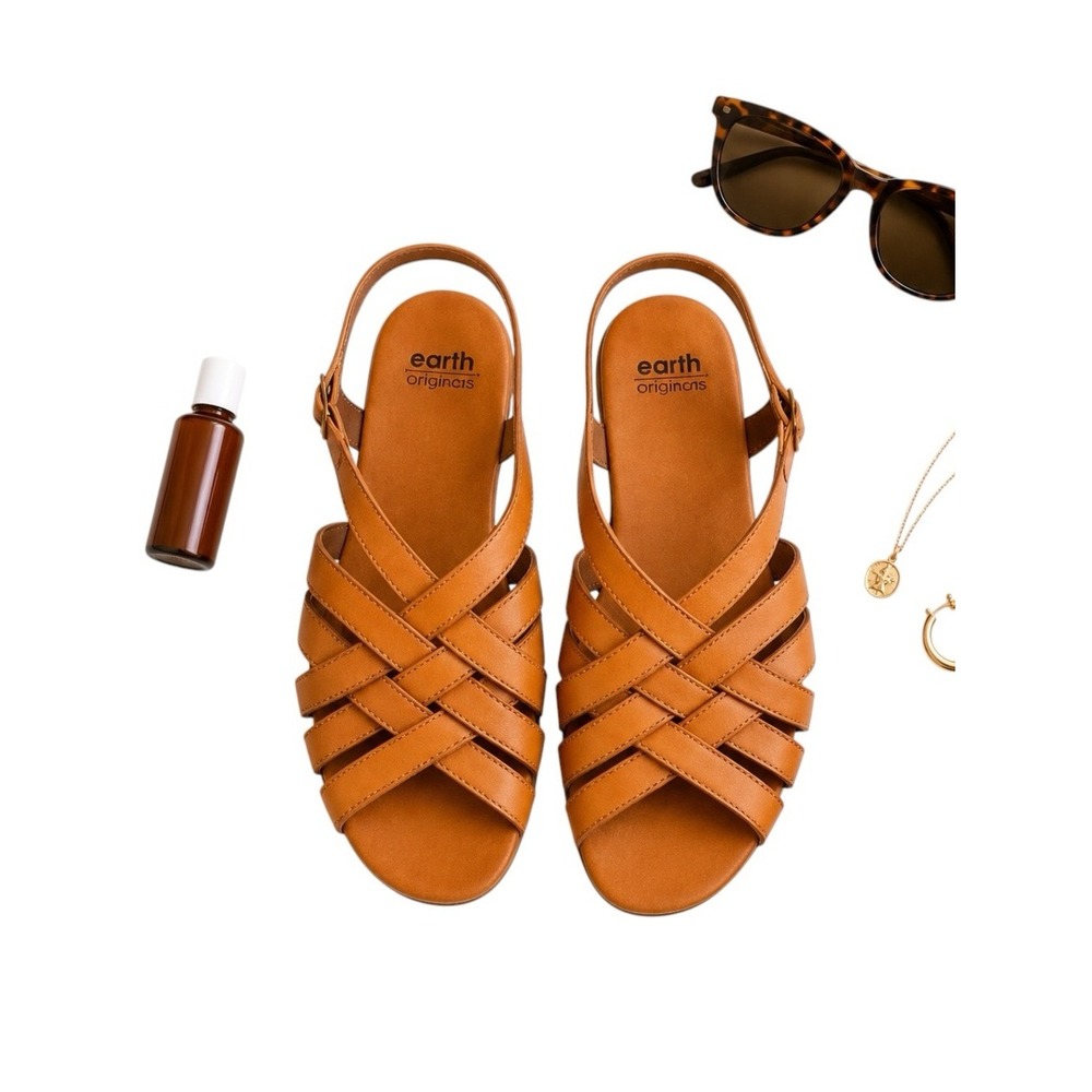 Earth Origins Berri Fisherman Slingback Sandals Tan Leather Comfort Est Size 9